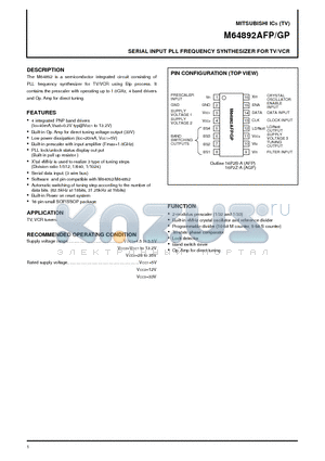 M64892GP datasheet - SERIAL INPUT PLL FREQUENCY SYNTHESIZER FOR TV/VCR