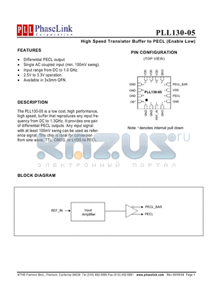 PLL130-05 datasheet - High Speed Translator Buffer to PECL (Enable Low)