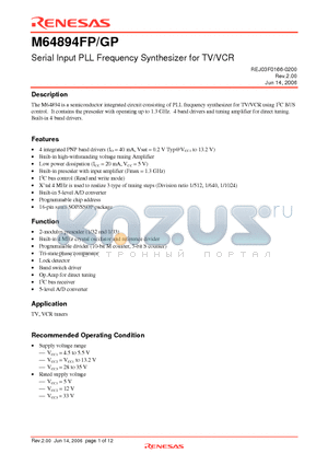 M64894FP datasheet - Serial Input PLL Frequency Synthesizer for TV/VCR