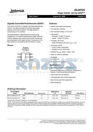 ISL90726WIE627Z-TK datasheet - Digitally Controlled Potentiometer XDCP