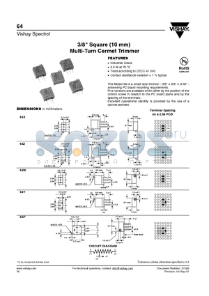 M64P201KB40 datasheet - 3/8 Square (10 mm) Multi-Turn Cermet Trimmer