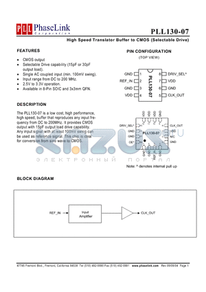 PLL130-07SC datasheet - High Speed Translator Buffer to CMOS (Selectable Drive)