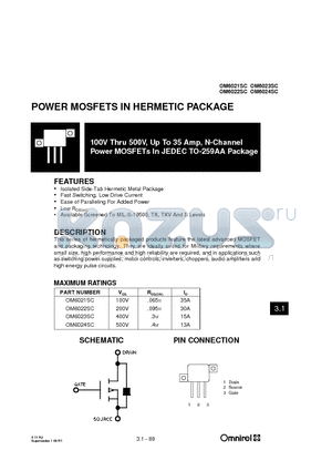 OM6021SC datasheet - 100V Thru 500V, Up To 35 Amp, N-Channel Power MOSFETs In JEDEC TO-259AA Package