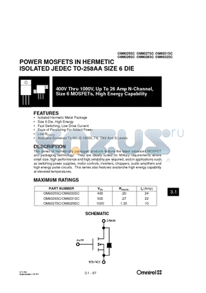 OM6025SC datasheet - POWER MOSFETS IN HERMETIC ISOLATED JEDEC TO-258AA SIZE 6 DIE