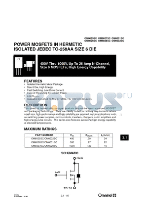 OM6028SC datasheet - POWER MOSFETS IN HERMETIC ISOLATED JEDEC TO-258AA SIZE 6 DIE