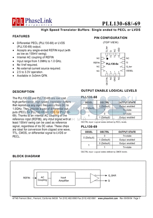 PLL130-68QC-R datasheet - High Speed Translator Buffers: Single ended to PECL or LVDS
