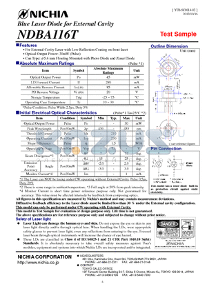 NDBA116T datasheet - Blue Laser Diode for External Cavity
