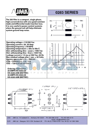 KK-0283-20M datasheet - The 283 filter is a compact, single phase, high current device with very good common mode and differential mode insertion loss.