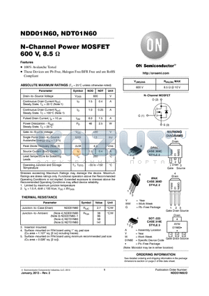 NDD01N60T4G datasheet - N-Channel Power MOSFET 600 V, 8.5 ohm