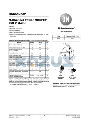 NDD03N50Z datasheet - N-Channel Power MOSFET 500 V, 3.3 