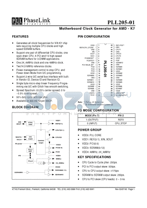 PLL205-01XC datasheet - Motherboard Clock Generator for AMD - K7