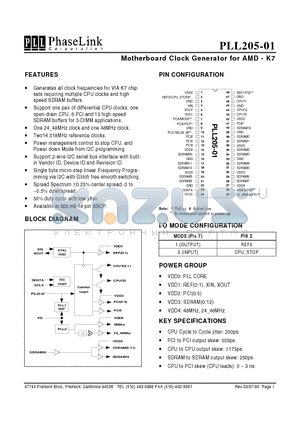 PLL205-01XI datasheet - Motherboard Clock Generator for AMD - K7