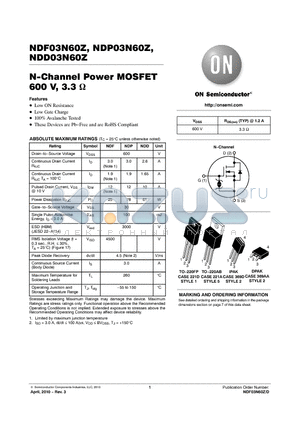 NDD03N60ZT4G datasheet - N-Channel Power MOSFET 600 V, 3.3 