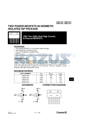 OM6217SS datasheet - TWO POWER MOSFETS IN HERMETIC ISOLATED SIP PACKAGE