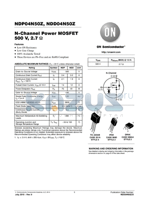 NDD04N50ZT4G datasheet - N-Channel Power MOSFET 500 V, 2.7 