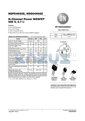 NDD04N50Z datasheet - N-Channel Power MOSFET 500 V, 2.7 