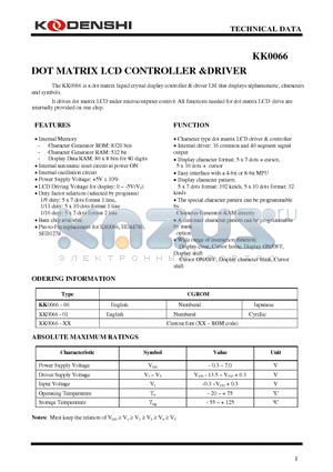 KK0066 datasheet - DOT MATRIX LCD CONTROLLER &DRIVER