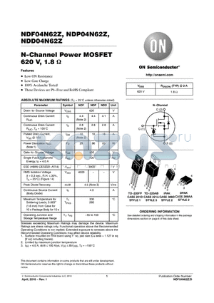 NDD04N62ZT4G datasheet - N-Channel Power MOSFET 620 V, 1.8 