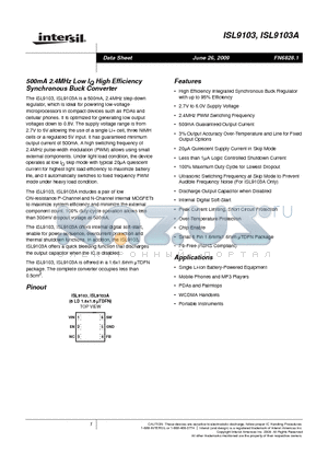 ISL9103AIRUCZ-T datasheet - 500mA 2.4MHz Low IQ High Efficiency Synchronous Buck Converter