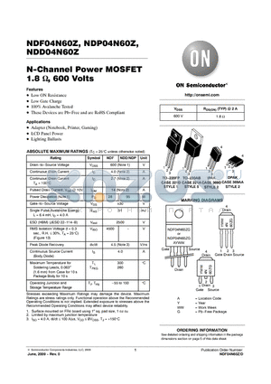 NDD04N60Z-1G datasheet - N-Channel Power MOSFET 1.8 , 600 Volts