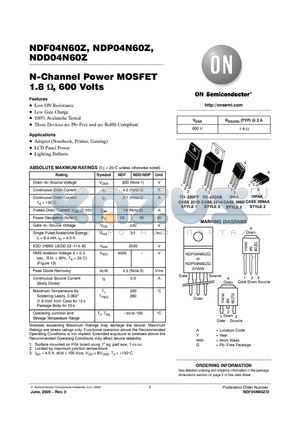NDD04N60ZG datasheet - N-Channel Power MOSFET 1.8 , 600 Volts