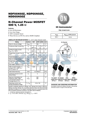 NDD05N50Z-1G datasheet - N-Channel Power MOSFET 500 V, 1.25 