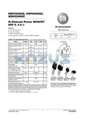 NDF02N60Z datasheet - N-Channel Power MOSFET 600 V, 4.0 