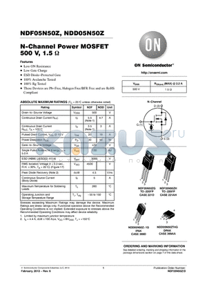 NDF05N50ZG datasheet - N-Channel Power MOSFET 500 V, 1.5 Ohm
