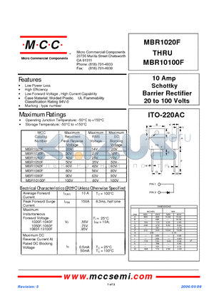 MBR1040F datasheet - 10 Amp Schottky Barrier Rectifier 20 to 100 Volts