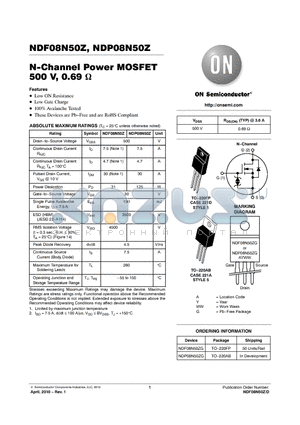 NDF08N50Z datasheet - N-Channel Power MOSFET 500 V, 0.69 