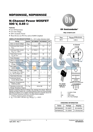 NDF08N50ZG datasheet - N-Channel Power MOSFET 500 V, 0.69 