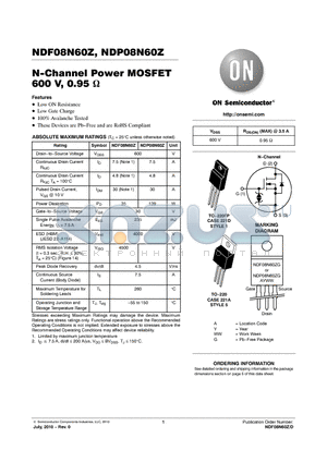 NDF08N60ZG datasheet - N-Channel Power MOSFET 600 V, 0.95 