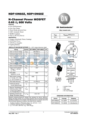 NDF10N60Z datasheet - N-Channel Power MOSFET 0.65 , 600 Volts