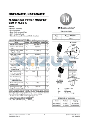NDF10N62ZG datasheet - N-Channel Power MOSFET 620 V, 0.65 