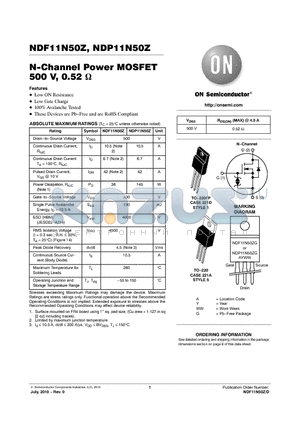 NDF11N50Z datasheet - N-Channel Power MOSFET 500 V, 0.52 