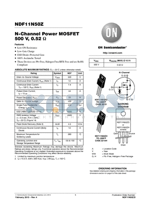 NDF11N50ZG datasheet - N-Channel Power MOSFET 500 V, 0.52 Ohm