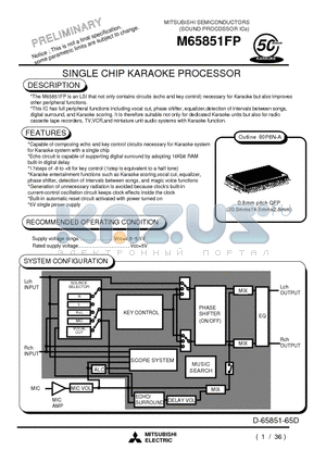 M65851 datasheet - SINGLE CHIP KARAOKE PROCESSOR(SOUND PROCDSSOR ICs)