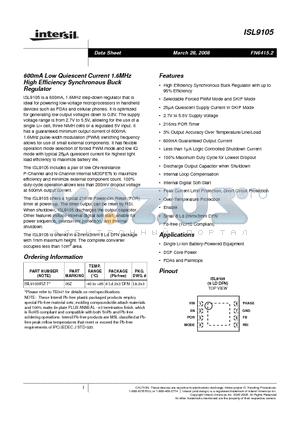 ISL9105 datasheet - 600mA Low Quiescent Current 1.6MHz High Efficiency Synchronous Buck Regulator