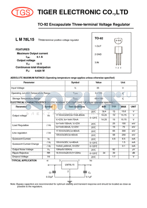 LM78L15 datasheet - TO-92 Encapsulate Three-terminal Voltage Regulator