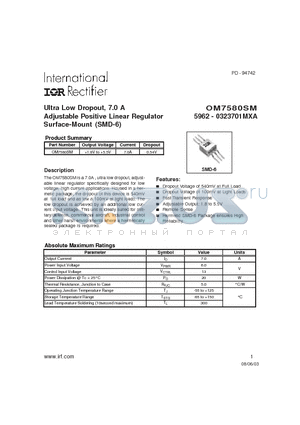 OM7580SM datasheet - Ultra Low Dropout, 7.0 A Adjustable Positive Linear Regulator Surface-Mount (SMD-6)