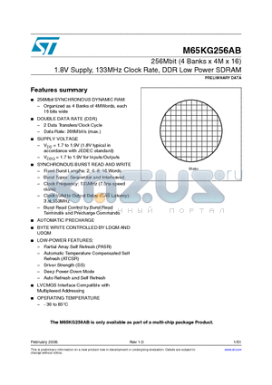 M65KG256AB datasheet - 256Mbit (4 Banks x 4M x 16) 1.8V Supply, 133MHz Clock Rate, DDR Low Power SDRAM