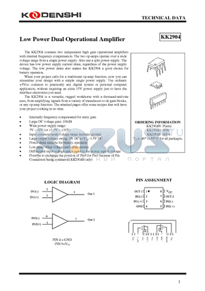 KK2904 datasheet - Low Power Dual Operational Amplifier