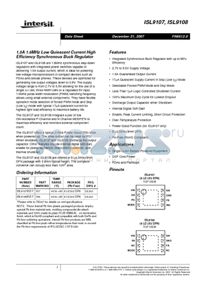 ISL9108 datasheet - 1.5A 1.6MHz Low Quiescent Current High Efficiency Synchronous Buck Regulator