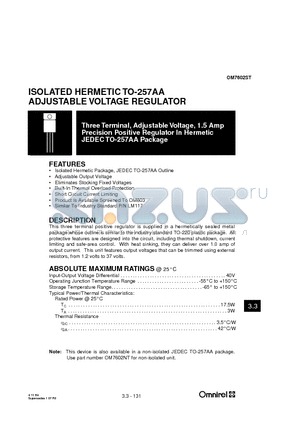 OM7602 datasheet - ISOLATED HERMETIC TO-257AA ADJUSTABLE VOLTAGE REGULATOR