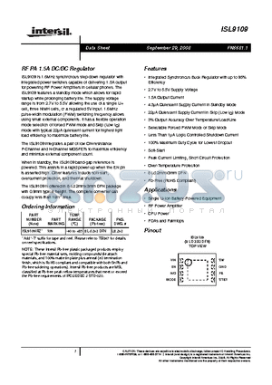 ISL9109 datasheet - RF PA 1.5A DC/DC Regulator