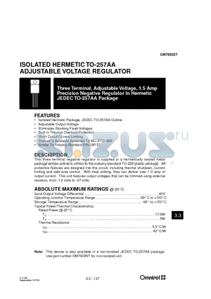 OM7603ST datasheet - Three Terminal, Adjustable Voltage, 1.5 Amp Precision Negative Regulator In Hermetic JEDEC TO-257AA Package