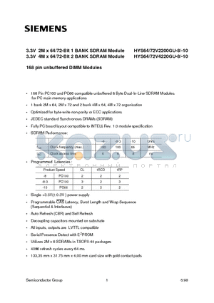 HYS72V4220GU-8 datasheet - 3.3V 2M x 64/72-Bit 1 BANK SDRAM Module 3.3V 4M x 64/72-Bit 2 BANK SDRAM Module