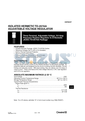 OM7604ST datasheet - ISOLATED HERMETIC TO-257AA ADJUSTABLE VOLTAGE REGULATOR