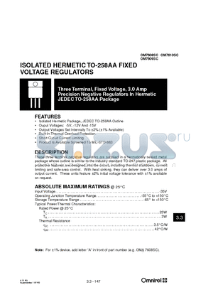 OM7609SC datasheet - ISOLATED HERMETIC TO-258AA FIXED VOLTAGE REGULATORS