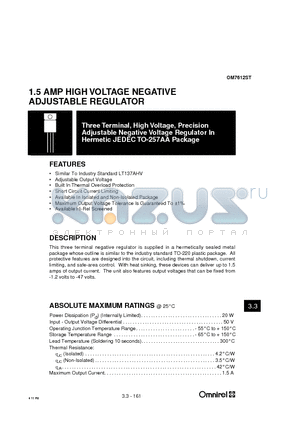 OM7612ST datasheet - 1.5 AMP HIGH VOLTAGE NEGATIVE ADJUSTABLE REGULATOR
